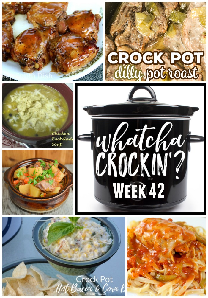This week’s Whatcha Crockin’ crock pot recipes include Chicken Enchilada Soup, Chicken Cacciatore, Dilly Crock Pot Roast, Mom's Crock Pot Beef Stew, Crock Pot Hot Bacon and Corn Dip, Slow Cooker Brown Sugar Chicken, Crock Pot Apple Sauce, Crock Pot Spinach and Bacon Queso Dip and much more!