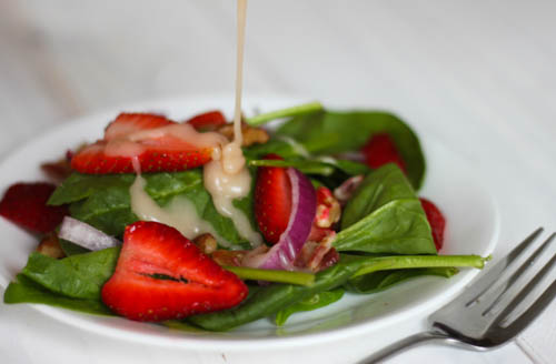 Strawberry Bacon Spinach Salad, a quick and easy recipe that has a great homemade dressing.