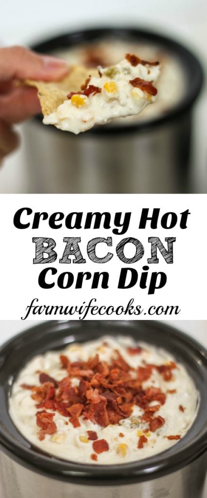 Great crock pot dip recipe with corn and bacon! Perfect for tailgating or to make while watching the big game.