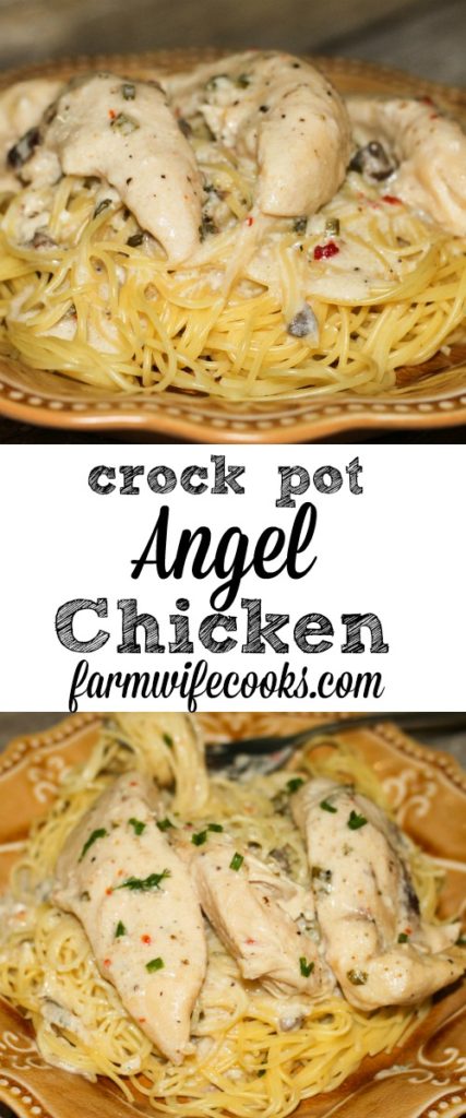 This Angel Chicken is an easy crockpot chicken recipe that the whole family will love! Serve the chicken over pasta. One of my favorite slow cooker recipes!
