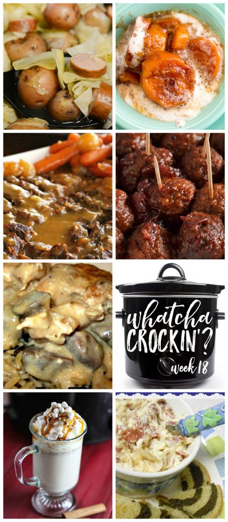 This week's Whatcha Crockin' crock pot recipes include Slow Cooked Roast with Creamy Mushroom Gravy, Slow Cooker Cranberry Meatballs, Crock Pot Smoked Sausage, Cabbage and Potatoes, Cinnamon White Cocoa, Crock Pot Angel Chicken, Crock Pot Reuben Dip, Crock Pot Candied Sweet Potatoes and much more!