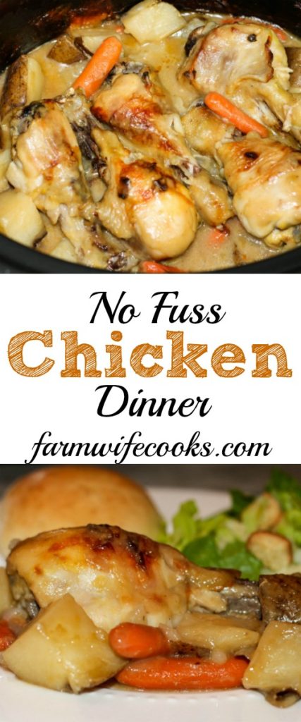 Are you looking for an easy crock pot chicken dinner recipe? This No Fuss Chicken Dinner is perfect for busy days and will be loved by the whole family!