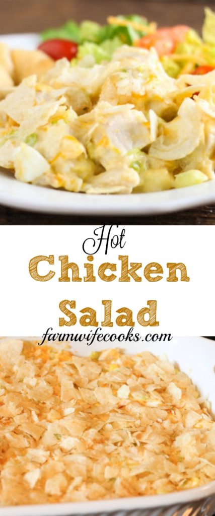 This Hot Chicken Salad recipe is topped with potato chips and is a casserole the whole family will love! 