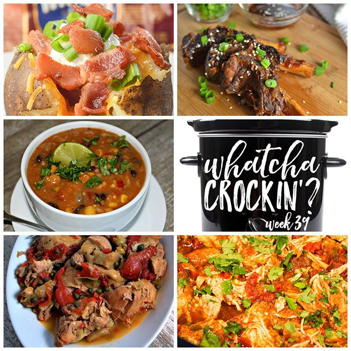 This week's Whatcha Crockin' crock pot recipes include Crock Pot Pulled Chicken Tacos, Sweet-Onion Teriyaki Beef Ribs, Crock Pot Steakhouse Potatoes, Crock Pot Chicken Fiesta Chowder and Crock Pot Italian Chicken with Artichokes and Roasted Red Peppers!