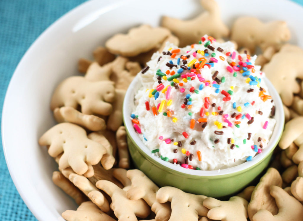 This Animal Cracker Funfetti Cake Batter Dip would make the perfect recipe for a party or family gathering and would also make a fun after school snack.