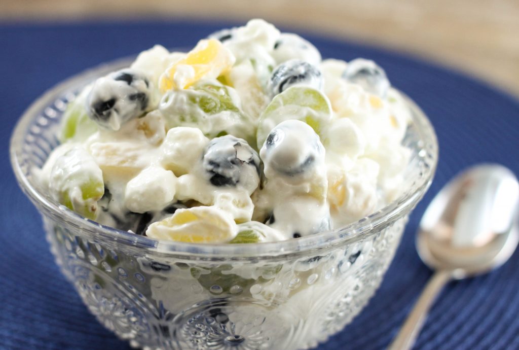 Blueberry Ambrosia Fruit Salad is a twist on the classic delicious Southern dessert recipe, filled with blueberries, marshmallows and a creamy dressing.