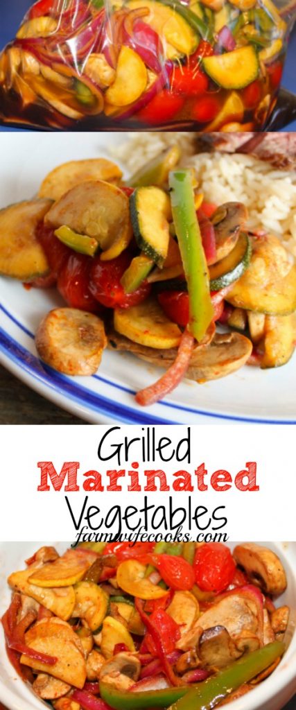Grilled Marinated Vegetables are so easy and so good. Mushrooms, tomatoes, green peppers, red onion, zucchini and yellow squash in a olive oil, lemon juice and soy sauce marinade. 