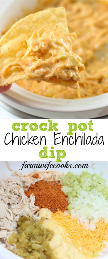 This Crock Pot Chicken Enchilada Dip is the perfect, easy dip recipe for a party appetizer or to snack on during the game.