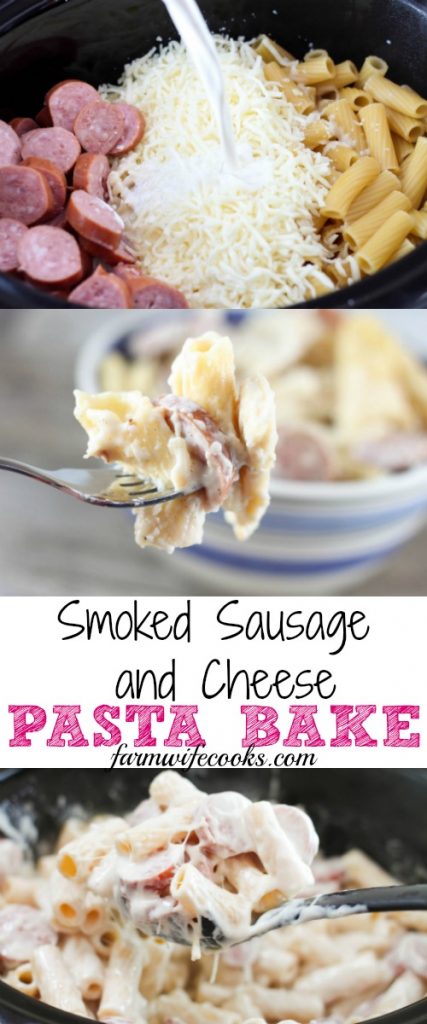 Are you looking for an easy crock pot meal the whole family will love? This Smoked Sausage and Cheese Pasta Bake has 5 ingredients and will win over the pickiest eater!