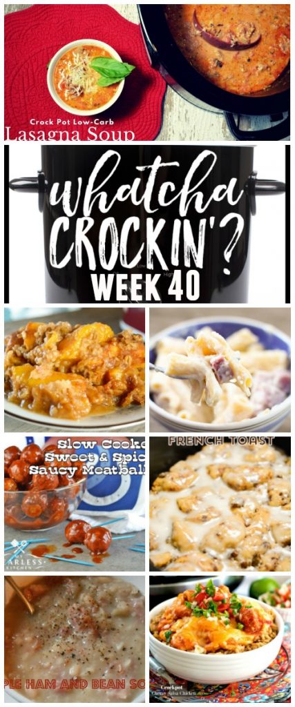 This week’s featured recipes include Ham and Cheese Pasta Bake, Crock Pot Cinnamon Roll French Toast, Crock Pot Low Carb Lasagna Soup, Crock Pot Peach Cobbler, Crockpot Cheesy Salsa Chicken, Slow Cooker Sweet and Spicy Saucy Meatballs, Crockpot Simple Ham and Bean Soup.