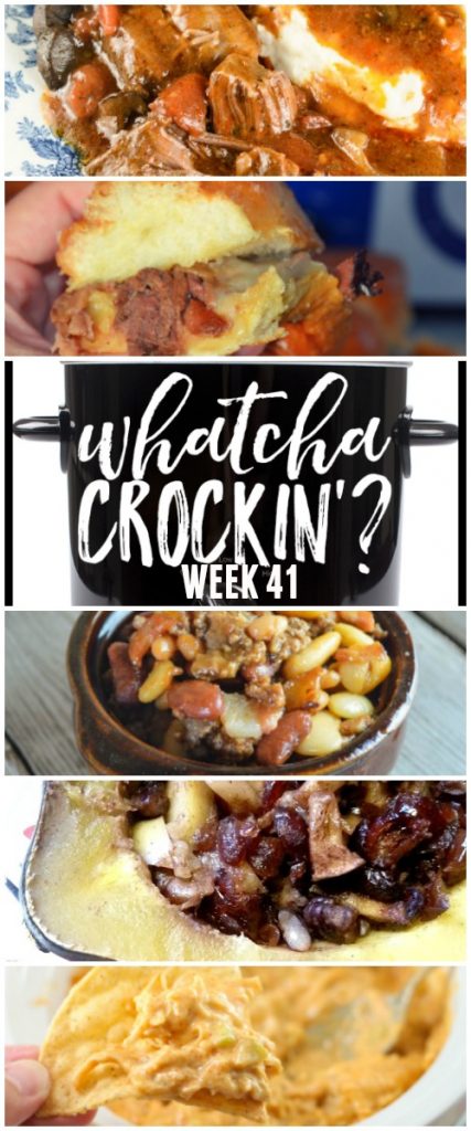 This week’s Whatcha Crockin’ crock pot recipes include Crock Pot Chicken and Noodles, Crock Pot Chicken Enchilada Dip, Crock Pot Calico Beans with Bacon and Ground Beef, Crock Pot French Onion Beef Sliders, Crock Pot Italian Pot Roast, Crock Pot Hamburger Soup, Slow Cooker Chocolate Football Rice Krispies, Crock Pot Apple Stuffed Acorn Squash and much more!