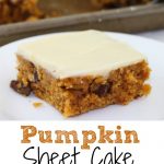 This Pumpkin Sheet Cake is an easy homemade sheet cake that bakes in less than 30 minutes. The cake is topped with cream cheese icing for the perfect fall dessert.