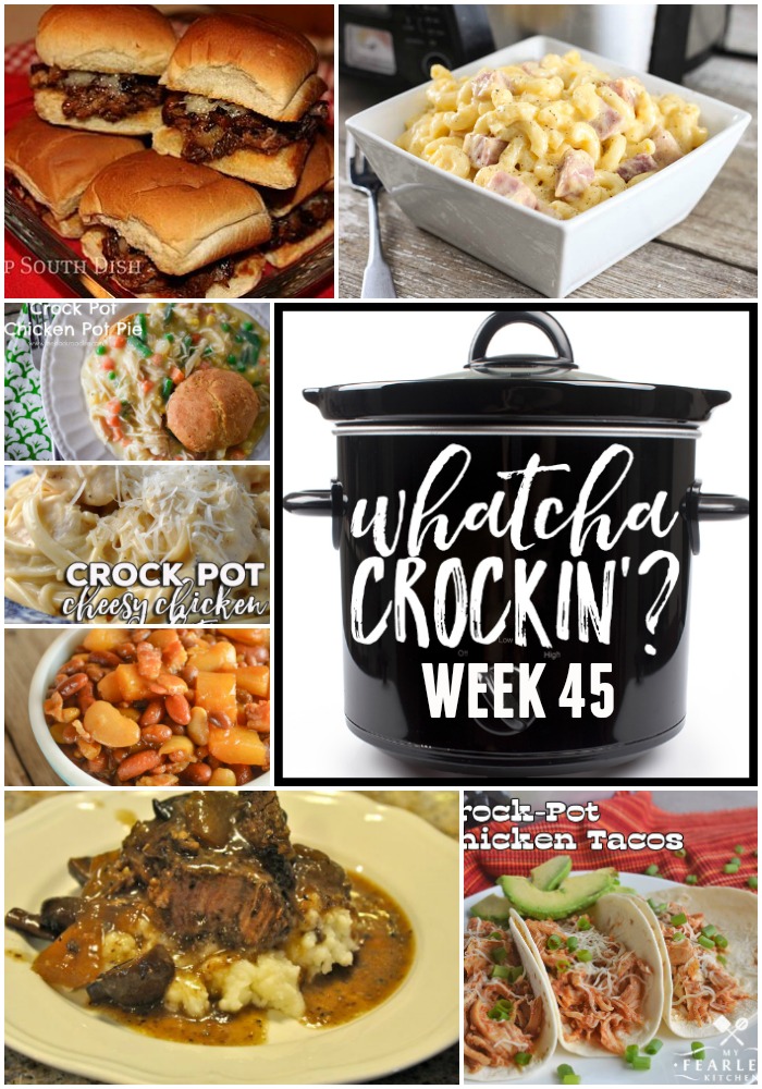 This week’s Whatcha Crockin’ crock pot recipes are all about comfort food, including 3 Envelope Crockpot Roast Beef Sliders, Crock Pot Macaroni and Cheese with Ham, Crock Pot Baked Beans with Pineapple Chunks, Red Wine Crock Pot Beef Roast with Mushrooms and Onions, Crock Pot Cheesy Chicken Spaghetti, Crock Pot Chicken Pot Pie, Crock Pot Chicken Tacos, Ultimate Creamed Corn Slow Cooker and many more!