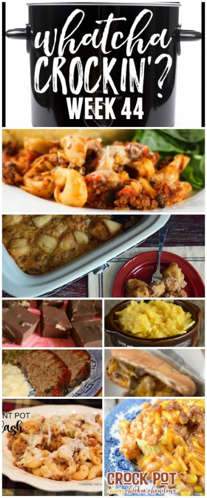 This week’s Whatcha Crockin’ crock pot recipes are all about comfort food, including Slow Cooker Meatloaf, Cheesy Crock Pot Tortellini Casserole, 4 Ingredient Crock Pot Cheesy Potatoes, Crock Pot Biscuits and Gravy Casserole, Crock Pot Cheesy Chicken Chowdown, Slow Cooker Fudge Made with Honey, Crock Pot French Dip, Instant Pot Goulash and many more!