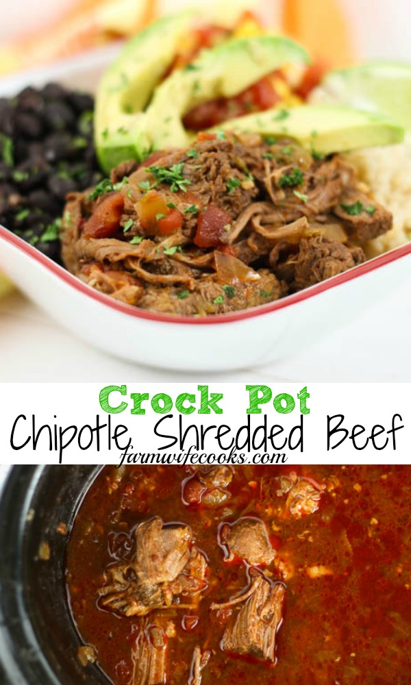 Are you looking for a great slow cooker roast recipe? This Crock Pot Chipotle Shredded Beef is great for tacos, burrito bowls or just served with rice and beans.