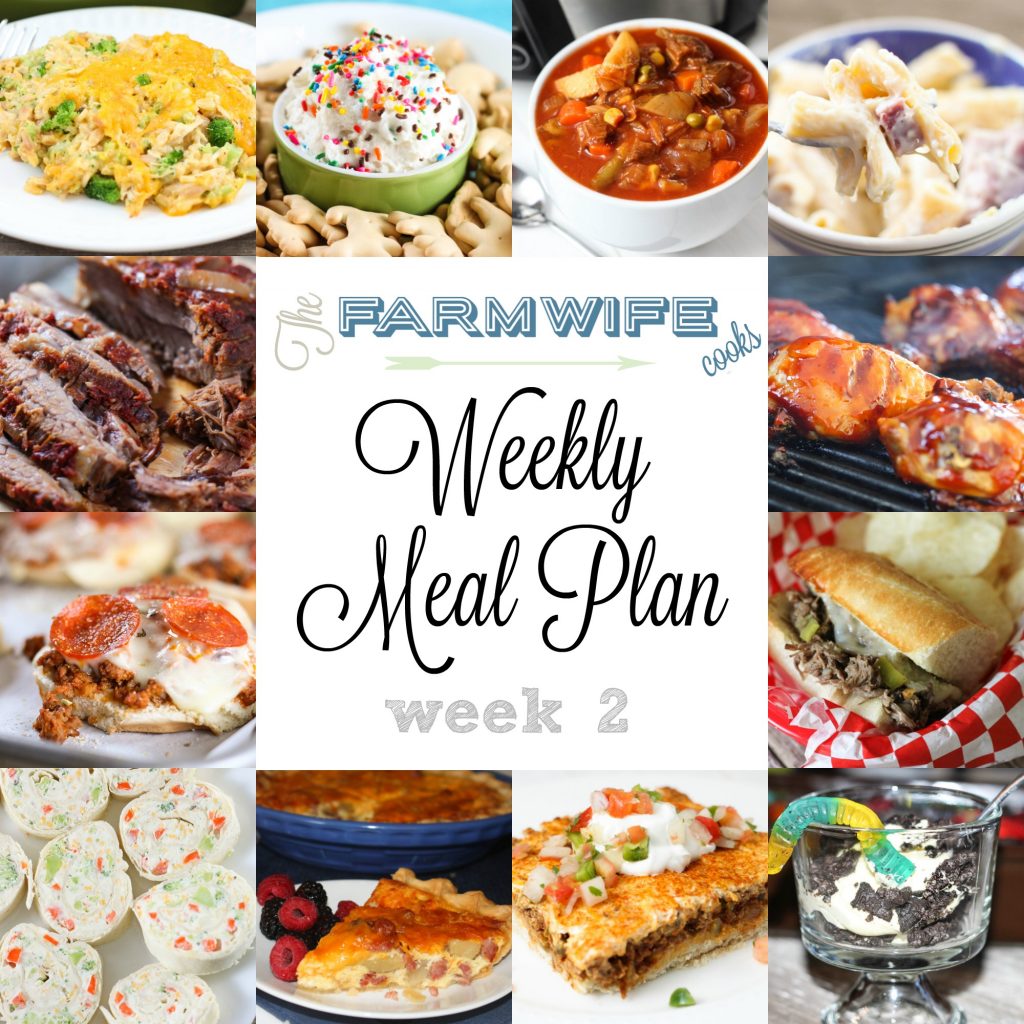 Welcome to this week’s meal plan I have a great group of recipes for you this week including Ham and Cheese Pasta Bake, Deep Dish Taco Squares, Cheesy Chicken Broccoli Rice Casserole, Vegetable Beef Soup, Pizza Burgers, Grilled BBQ Chicken, Slow Cooker Beef Brisket, Ham, Potato Cheddar Cheese Quiche, Crock Pot Cinnamon Roll French Toast, Italian Beef Sandwiches, Crock Pot Dr. Pepper Pulled Pork, Animal Cracker Funfetti Cake Batter Dip, Veggie Tortilla Roll Ups, Gooey Butter Cake and Dirt Pudding!  