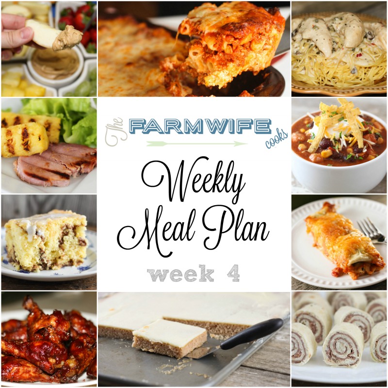 Welcome to this week’s meal plan I have a great group of recipes for you this week including Sticky Chicken Wings, Burrito Style Beef Enchiladas, Baked Ziti, Chicken Tortilla Soup, Chicken Bacon Ranch Pizza Casserole, Grilled Pineapple and Ham Steaks, Angel Chicken, Coffee Cake, Biscuits and Gravy, Roast Beef Roll Ups, Meatball Sub Casserole, Peanut Butter Fruit Dip, Black Bean Caviar Salsa, White Texas Sheet Cake and Peanut Butter No Bake Cookies. 