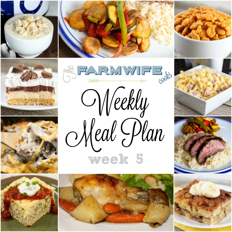 Welcome to this week’s meal plan I have a great group of recipes for you this week including No Fuss Chicken Dinner, Tortilla Chip Taco Bake, Macaroni and Cheese with Ham, Creamy White Chicken Chili, Crock Pot Pizza Bake, Asian Flank Steak, Sausage Potato Casserole, Banana Cream Coffee Cake, Sante Fe Omelet Casserole, Brats, Walking Tacos, Sausage Dip, Zesty Seasoned Goldfish Crackers, No Bake Peanut Butter Delight and Grandma's Rhubarb Streusel Dessert.