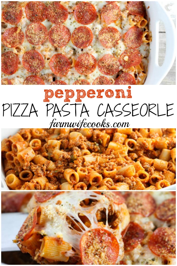 This Pepperoni Pizza Pasta Casserole is easy to make and has all the yummy flavors of pizza but in a casserole! Kids (and adults) will line up for this dish! #casserole #pizza #pasta #easyrecipe