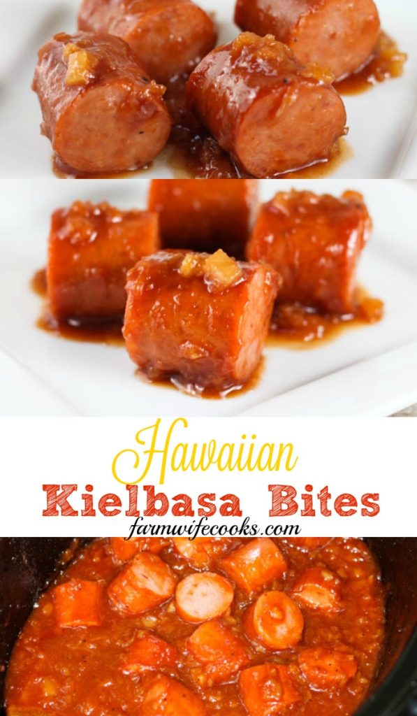 Slow cooker Hawaiian Kielbasa Bites are the perfect appetizer for game day or holiday potluck. An easy recipe made with Kielbasa sausage, pineapple, BBQ sauce, brown sugar and spices.