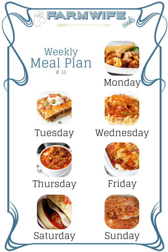 Welcome to this week’s meal plan I have a great group of recipes for you this week including; Cheesy Crock Pot Tortellini Casserole, Deep Dish Taco Squares, Instant Pot Chicken Cacciatore, Vegetable Beef Soup, Crock Pot Bubble Up Pizza Casserole, All-American Meatloaf Sandwich, Pork Chops and Baked Beans, Hashbrown Breakfast Casserole, Peaches and Cream French Toast, Chicken Tortellini Caesar Salad, Grilled Sausage and Vegetable Foil Packets, No-Bake Energy Bites, Crock Pot Creamy Chicken Dip, Slow Cooker Pumpkin Pie Pudding and Fresh Blueberry Pound Cake.