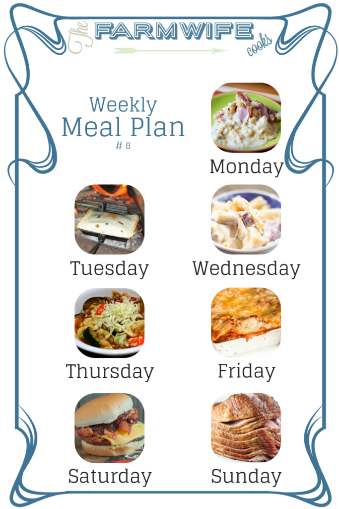 Welcome to this week’s meal plan I have a great group of recipes for you this week including; Low-Carb Chicken Cordon Bleu Casserole, Pie Iron Tasty Tacos, Smoked Sausage and Cheese Pasta Bake, Easy Italian Stew, Deluxe Biscuit Pizza Bake, Grilled Pork Burgers, Slow Cooker Honey Dijon Ham, Blackberry Buttermilk Pancakes with Blackberry Syrup, Crock Pot Coffee Cake, Tuna Salad Coneys, Tavern Sandwiches, Pizza Dip, Caramel Corn, Chocolate Chip Shortbread Cookies and Orange Dream Fruit Salad.