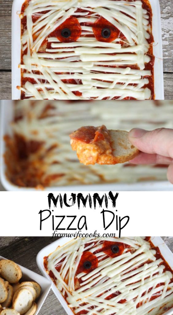 Are you looking for a fun appetizer for Halloween? This Mummy Pizza Dip will be a hit with your ghosts and goblins!