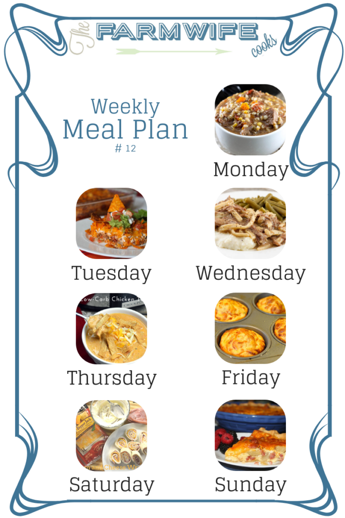 Welcome to this week’s meal plan I have a great group of recipes for you this week including; Gramma's Beef Barley Soup, Taco Bake, Crock Pot Beef and Noodles, Crock Pot Low Carb Chicken Tortilla Soup, Pepperoni Pizza Muffins, Ham and Cheese Ranch Wraps, Ham Potato and Cheddar Quiche, Creamed Peas, Overnight Vanilla French Toast, Low-Carb Egg Muffins, Bacon Cheeseburger Roll-Up, Maple Sausage Pigs in a Blanket, Crock Pot Spinach and Artichoke Dip, Crock Pot Beef Enchilada and Rice Dip, Sour Cream Sugar Cookies and Hoosier Sugar Cream Pie.