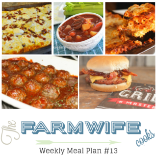 Welcome to this week’s meal plan I have a great group of recipes for you this week including; Easy Baked Ziti, Chicken Taco Bowls, Cajun Macaroni and Cheese, Slow Cooker Beef Stew, Cheese and Bacon Pizza, Grilled Pork Burgers,  Salisbury Steak and Gravy Meatballs, Crock Pot Green Beans, Crock Pot Banana Bread, Homemade Cinnamon Swirl Bread, Asian Chicken Wraps, 5 Minute Low-Carb Lemon Chicken Salad, Sweet and Spicy Meatballs, Crock Pot Corn and Sausage Queso Dip, Strawberry Poke Cake and Crock Pot Monkey Bread.