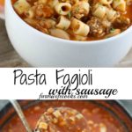 Mommy's Pasta Fagioli is a pasta and bean soup that includes sausage and is hearty enough to be served as an easy meal.