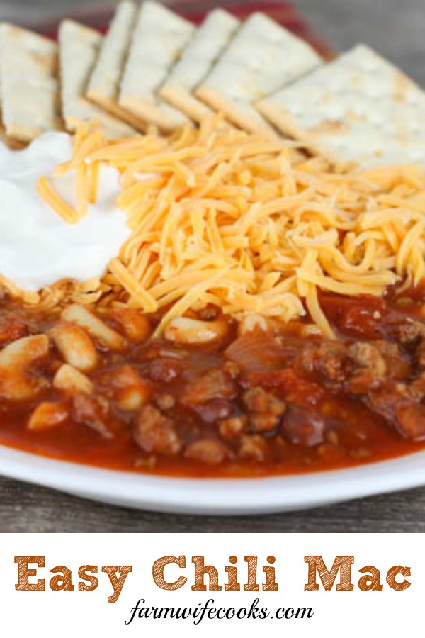 This Easy Chili Mac is a one pot meal that the whole family will love, that is made with ground beef, chili beans, macaroni and topped with cheese!