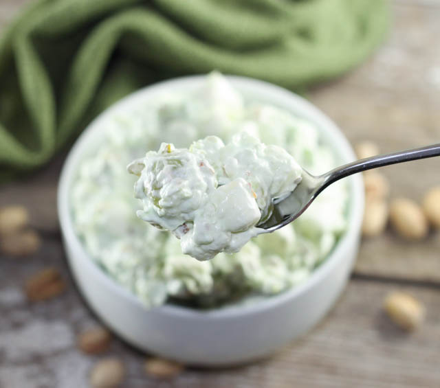 Pistachio Salad is the perfect dessert recipe made with pineapple, marshmallows, cool whip, grapes and pistachio pudding mix.