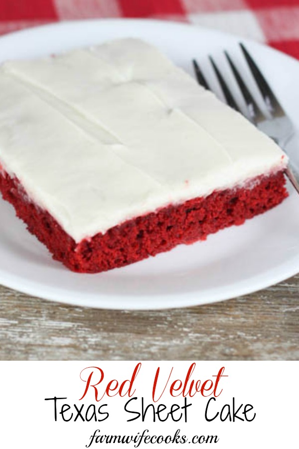 Red Velvet Texas Sheet Cake with cream cheese frosting has your favorite red velvet flavor, can be made in a hurry and will feed a crowd!