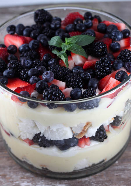 Mixed Berry Cheesecake Trifle is the perfect summer dessert with layers of angel food cake, cream cheese, cheesecake pudding, whipped cream and fresh berries.