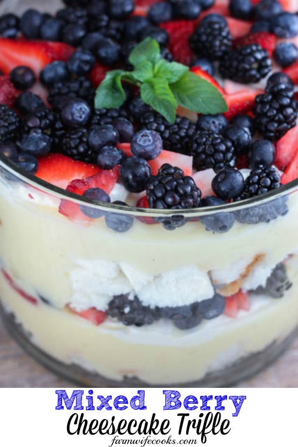Mixed Berry Cheesecake Trifle is the perfect summer dessert with layers of angel food cake, cream cheese, cheesecake pudding, whipped cream and fresh berries.
