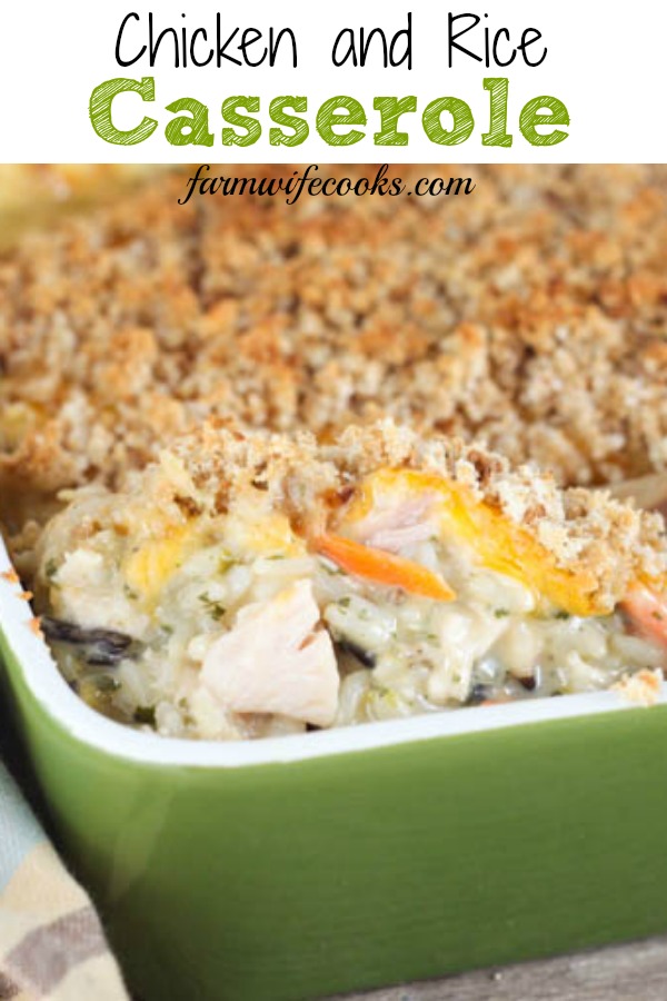 Chicken and Rice Casserole is an easy comfort food recipe everyone loves, including picky eaters! Made with rice, chicken, cream of chicken and vegetables and topped with cheese and bread crumbs!