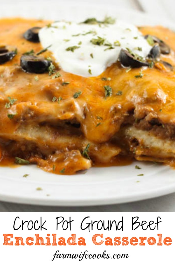 Crock Pot Ground Beef Enchilada Casserole is an easy layered Mexican dish the whole family will love!