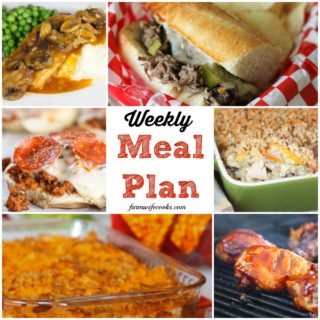 Welcome to this week's meal plan! I have a great group of recipes for you this week, including: Chicken and Rice Casserole, Taco Bake, Creamy Herbed Chicken, Vegetable Beef Soup, Pizza Burgers, BBQ Chicken, Golden Mushroom Pork Chips, Italian Beef Sandwiches, Easy Pepperoni Crescent Roll Calzones, No-Bake Peanut Butter Cheerio Bars, , Gooey Butter Cake, Frozen Mudslides, Apple Pie Oatmeal, , Orange Dream Fruit Salad, and Crock Pot Scalloped Potatoes.