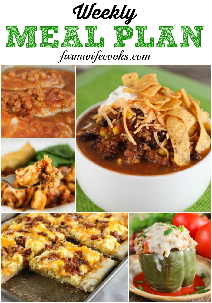 Welcome to this week's Meal Plan! I've got lots of great recipes for you this week, including Pork Chops and Baked Beans, Instant Pot Stuffed Peppers, Tortellini Casserole, Taco Soup, , Rosemary Garlic Pork Loin, Western Style Beef Brisket, Southwest Turkey Wrap, , Chicken Dip, , Homemade Brownies, , Easy Breakfast Pizza, Creamed Spinach, and more! 